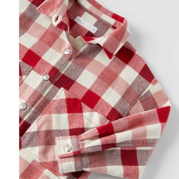 Zara girls plaid Red & Cream Checked Thick Cotton jacket button Overshirt 10 - Picture 3 of 8